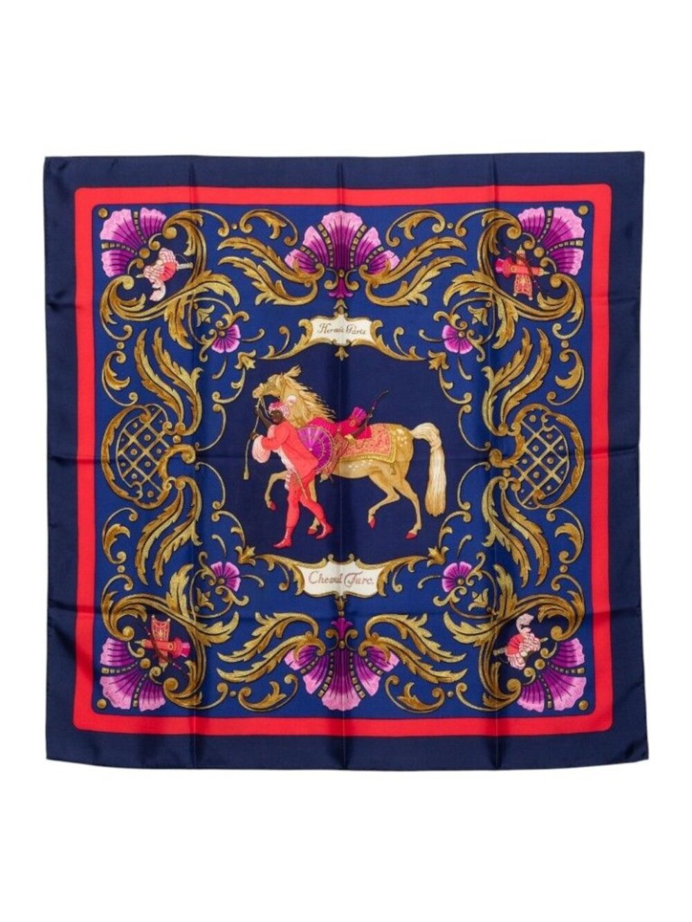 Hermes Carre 90 Luco's Horse Cheval Turc Scarf Navy Multicolor Silk